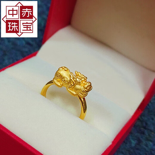 Zhongchi Gold Pixiu Ring 999 Pure Gold Couple Ring Leather New Style Transfer Bead Tail Ring Female Personalized Pure Gold Ring No. 8 1.45-1.55g