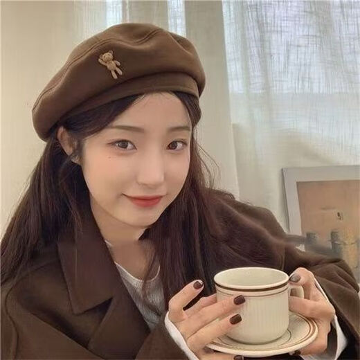Beret women's autumn and winter versatile black ins hat Internet celebrity Korean version Japanese British retro painter hat fashion trend bear woolen beret brown head circumference (54-59cm)