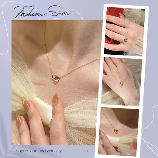 Saphire 18K gold necklace for women, interlocking double-ring rose gold colored clavicle chain for birthday gift, K yellow, about 43cm