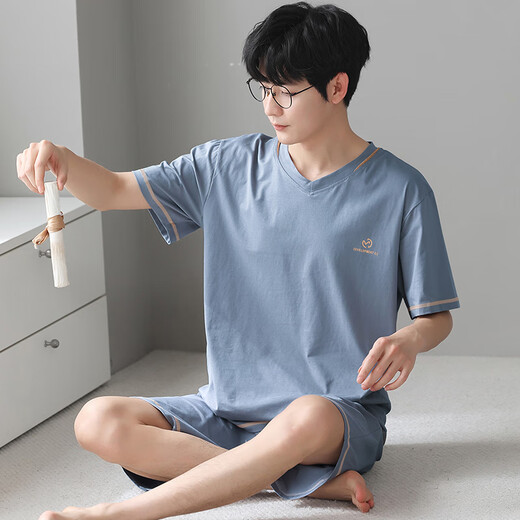浪莎男士睡衣冰丝莫代尔触感可外穿夏季V领简约休闲家居服套装 浅蓝 2XL