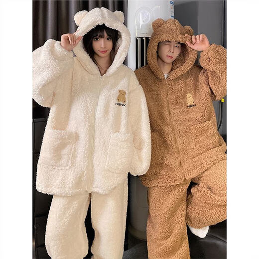Rich Couple Bear Pajamas Women's Autumn and Winter Coral Velvet Flannel Men's Winter Hooded Thickened Home Clothes Set XY Velvet #66743 Male L (Weight 95-120