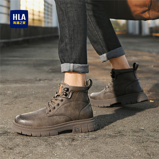 HaiLan Home HLA men's shoes Spring 2025 new Martin boots men's height-enhancing men's Martin boots high-top boots men's non-slip work leather boots brown 39