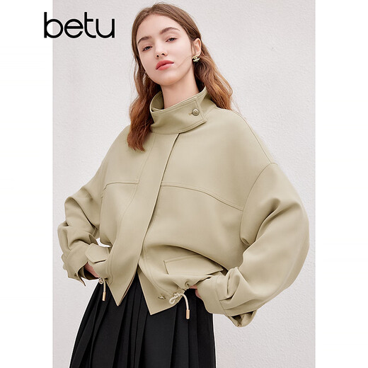 Betu Women's Spring New Style Windbreaker Temperament Stand Collar Short Drop Shoulder Sleeve Windbreaker Jacket Women 2401T47 Khaki L