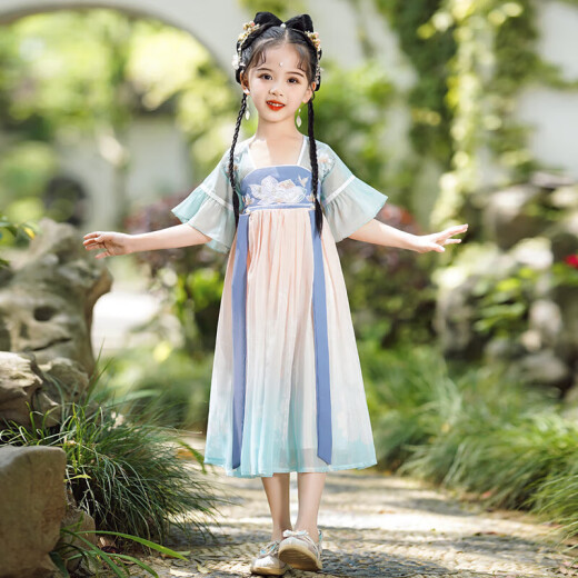 Aibaoashi Детские девчонки Hanfu Girls Summer Costume Костюм с короткими рукавами для девочек подарки для детского дня подарок в китайском стиле S689 Qingshan Dai 130 см [Предлагаемая рост 126-135 см]