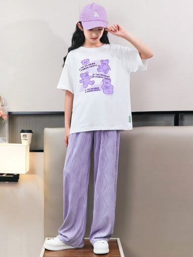 mlgt French trendy children's clothing girls suit summer short-sleeved wide-leg pants children's tensile jeans summer two-piece set 15009 purple + 9922 white 170 cm