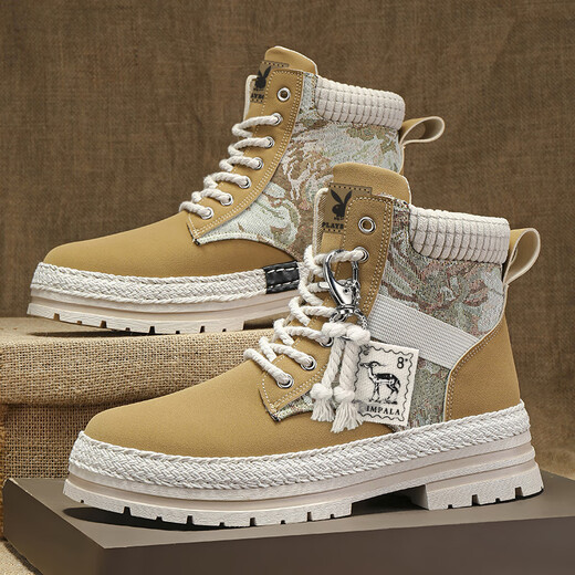 Playboy high-top men's shoes autumn and winter Martin boots men's British desert boots retro fleece work clothes snow boots trendy cotton boots 2000 CPL1255128 yellow 41