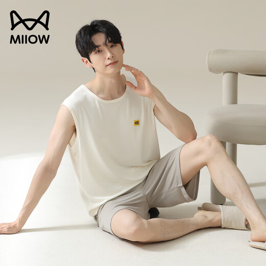 Cat man pajamas men ice silk cool summer vest sleeveless thin summer large-size home clothing set White [ice silk cool] 2XL [recommended 140-160Jin [Jin equals 0.5 kg]]