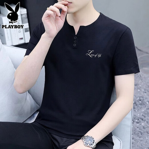 花花公子（PLAYBOY）短袖t恤男2025夏季新款潮流v领休闲宽松上衣薄款凉感男装 5024黑色 XL