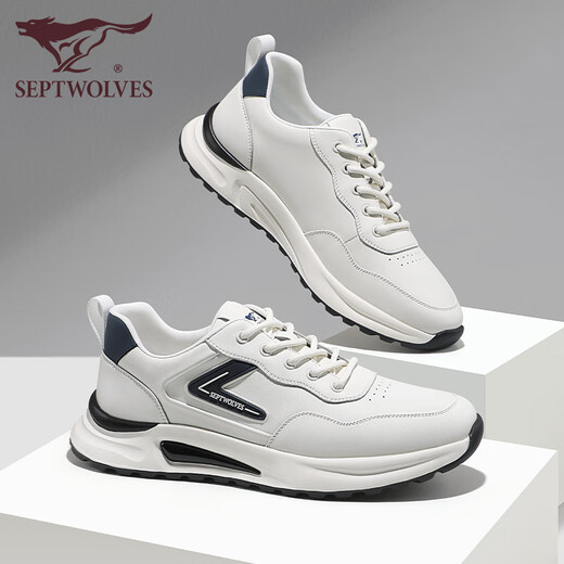 Sept Wolves Chaussures masculines pour les chaussures décontractées en cuir d'été pour des baskets de haute hauteur à semelle épaisse pour hommes à la mode et polyvalentes chaussures de voyage respirantes blanc / bleu 1049 41