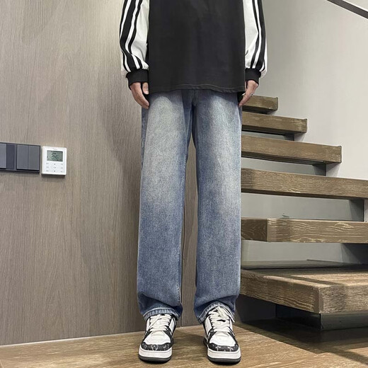 Foss Phil High Street Jeans Men's Spring and Autumn Winter Style Fashion American Retro Loose Straight Washed Long Pants Men's Fashion Brand 718-K870 Medium Blue [Regular] XL [Suggested 145-160Jin [Jin equals 0.5 kg]]