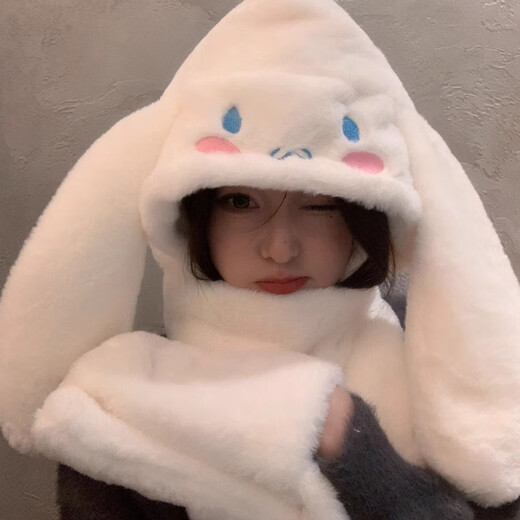 溪谷幽幽玉桂狗耳朵会动帽子女秋冬围巾手套一体保暖三件套可爱毛绒护耳帽 白色三件套一体【耳朵按会动】