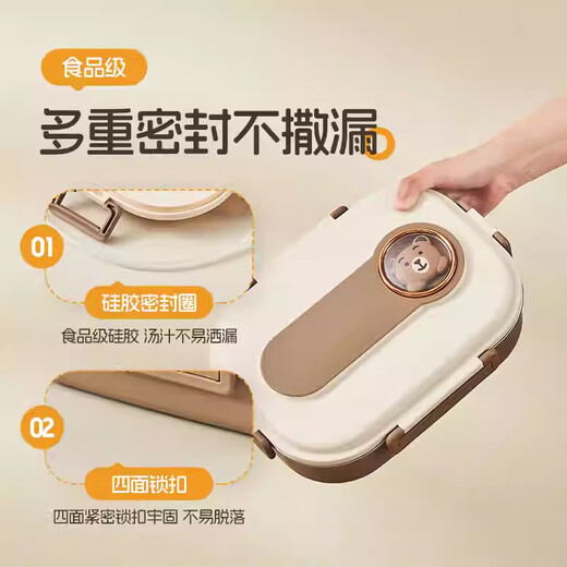 Good Housekeeping Insulated Lunch Box for Students, Cute Stainless Steel Lunch Box Bag for Students, Portable Sealable Lunch Box for Office Workers, Brown Bear (Chopsticks Spoon + Soup Bowl + Insulated Bag)