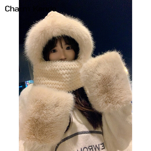 Charm Kendo官网帽女围巾一体秋冬季保暖围脖可爱百搭防寒连帽生日礼物送女友 米色 送女朋友实用老婆
