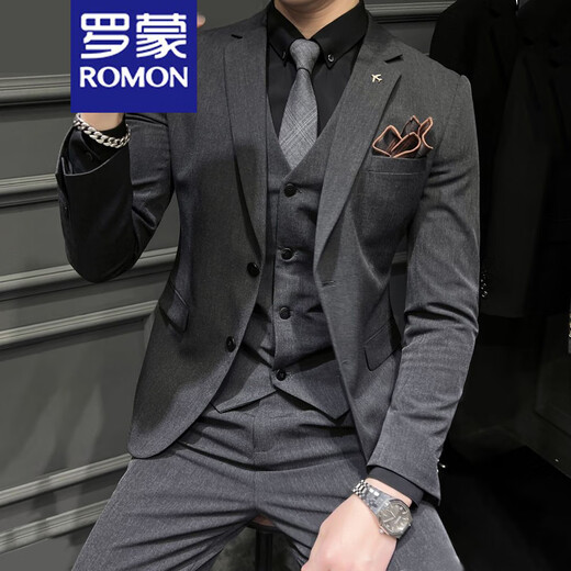 ROMON Groom's Suit Men's Business Professional Formal Wedding Dress Casual British Style Slim Suit Men's Medium Gray 2-piece Suit + Pants + Shirt + XL 123-134Jin Jin equals 0.5 kg Wear