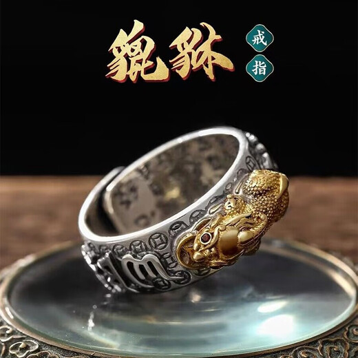 Bjyl Fortune-Telling Pixiu Ring Männer trendy Glücksperlenring Retro Mode Sechs-Charakter-Mantra-Ring-Einzelschwanzring Öffnen Pixiu Ring Silber