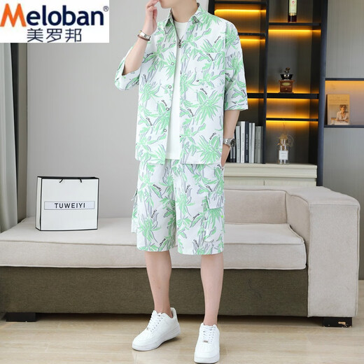 美罗邦 MELOBAN夏季冰丝套装男条纹宽松潮牌七分袖衬衫五分短裤高端痞帅搭配一套 902白 XL 参考125-140斤左右