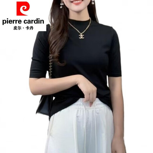 皮尔卡丹（pierre cardin）2025春夏修身显瘦T恤女经典百搭洋气纯色白色打底衫内搭上衣针织 3888黑色(中 袖) M (建议90-102斤)