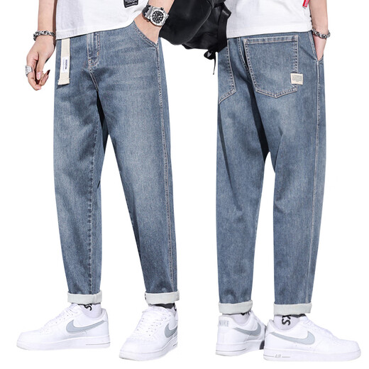 Romon Jeans Summer Men's Men's Nine Pant Pantalon pour les jeunes étudiants polyvalents American Fashion Casual Loose Pantals Harem Men [Summer Thin Style] Bleu clair Nine Point 32 [Recommandé 130-140jin [Jin est égal à 0,5 kg]]]