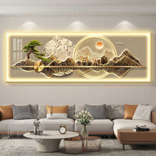 家和万事兴客厅画沙发背景画2025新款中堂山水画简约高级感led灯 Z6198 120*40CM(适合1米6以下沙发)晶瓷