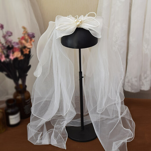 Bo Naling Proposal Veil, Bridal Head Certificate, Bow Hijab, Internet Celebrity Hairpin, Photo Ritual Confession Decoration Props, Double-layered Hemming Veil 60cm, Hairpin Style