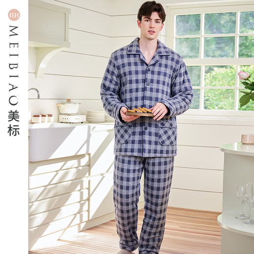 American Standard Couples Three-Layer Thickened Warm Padded Pajamas Set Women's Autumn and Winter Plaid Soft Cotton Can Be Weared Outside Home Clothes Men's Twilight Blue L