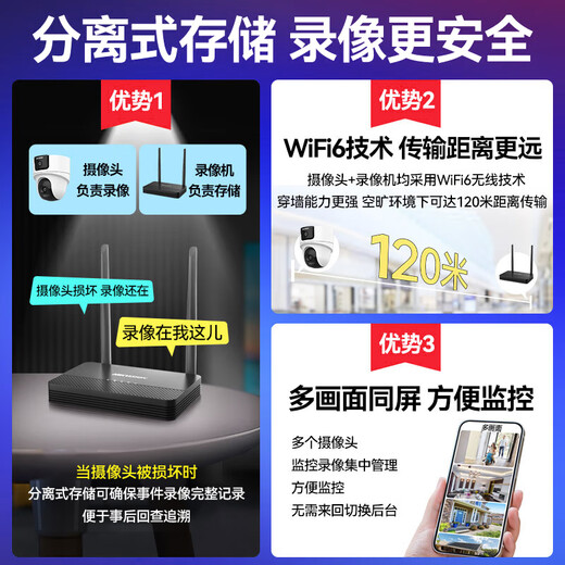 海康威视摄像头wifi双摄800万无线监控器高清全彩夜视360度云台可对讲手机远程 1台wifi双摄【400万全景+400万细节】 官方标配（无线录像机版本+内存卡）
