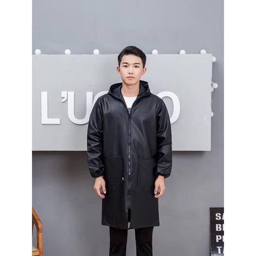 谷舰沐皮衣男宽松加长修车机修养殖屠宰工作服罩衣带帽皮革大褂防水防风 黑色连帽加长款皮衣 3XL 大号