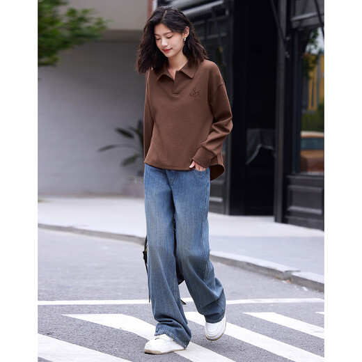 Demana polo collar sweatshirt winter style embroidered decoration casual versatile plus velvet sweatshirt for women brick coffee color L