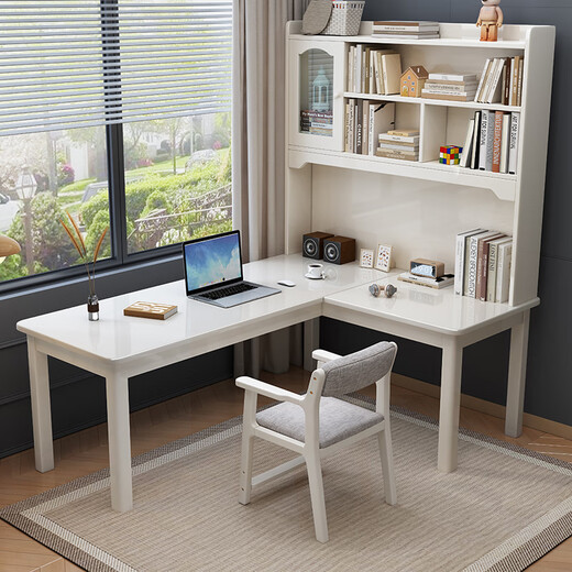 Fengyeqingqing Nordic solid wood corner desk computer desk bookshelf combination bedroom corner study table L-shaped office writing desk solid wood single table (walnut color) 1.6 meters