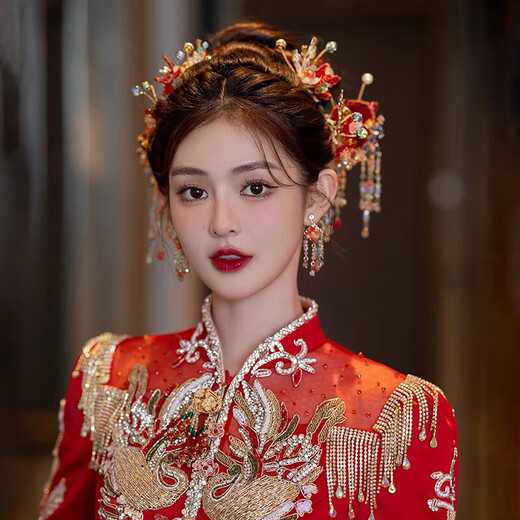 DR-FLVVS秀禾服头饰红色秀禾2024新款中式花朵古风大气龙凤褂新娘发饰 光霞古风7件套(耳夹款) X1591