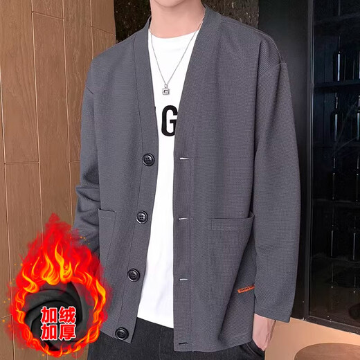 LEEREDPOI秋冬季夹克男士开衫外套V领休闲小西装华夫格纯色简约单西上衣服 白色 XL 约130-150斤可穿