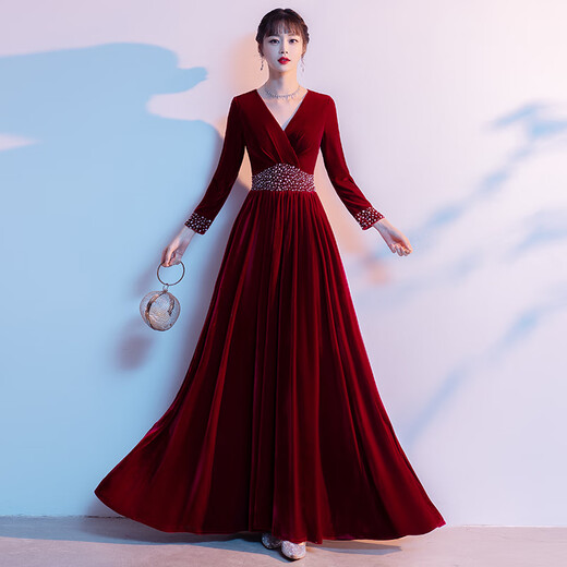 Su Lai Traje de anfitriona de boda china Falda larga de manga larga Vestido de conductor de escenario Reunión anual de terciopelo dorado Traje de recitación de canciones rojas 113 burdeos 4XL