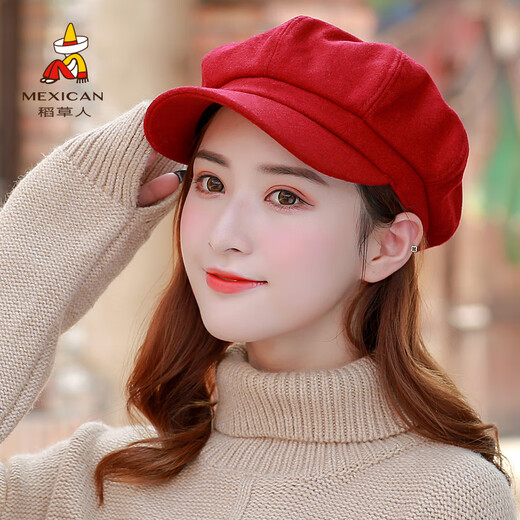 Scarecrow (MEXICAN) Hat Women's Autumn and Winter Cute Korean Versatile Japanese Painter British Newsboy Hat Octagonal Hat Beret Woolen-Red
