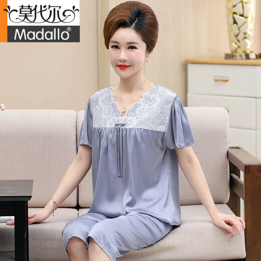 莫代尔冰丝睡衣女夏季妈妈短袖五分裤套装中老年大码家居服仿真丝 826 3XL 建议155-175斤