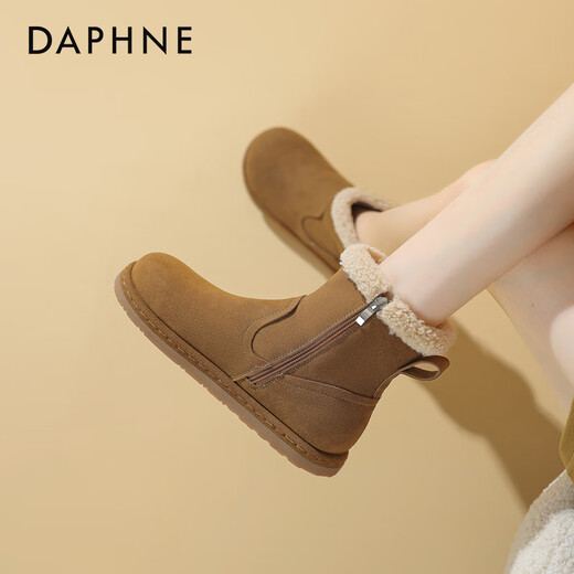 达芙妮（DAPHNE）雪地靴女冬季2024新款面包鞋厚底百搭靴子女加绒加厚棉鞋 驼色 跟高2.5cm 35 标准尺码