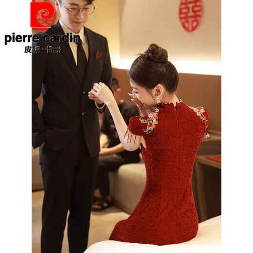 Pierre Cardin Official Burgundy Cheongsam Toast Wear Bride Wedding Chinese New Engagement Dress Back Door Dress Autumn Long Sleeve Burgundy Long Sleeve L