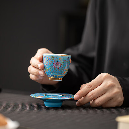 SUSHI CERAMICS enamel palace-style ceramics personal tea cup saucer gift box souvenir (blue) J1059