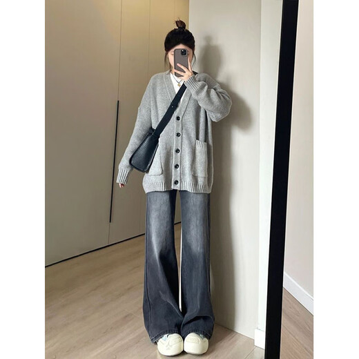 Qumile American trendy wide-leg jeans for women in autumn and winter new style small high-waisted slim loose straight pants black gray L
