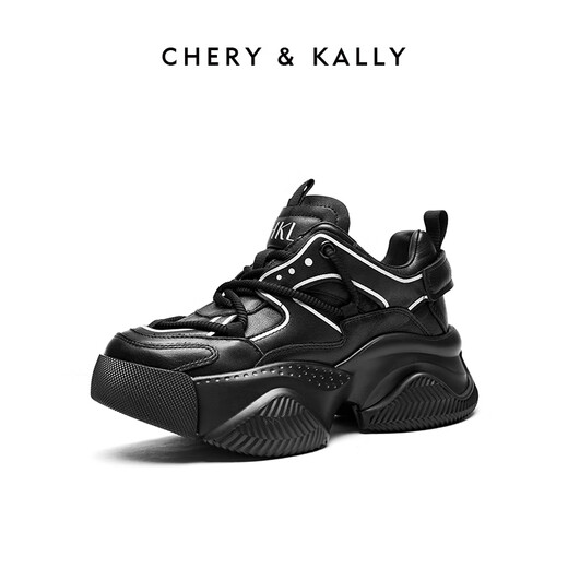 CHERY KALLY official website light luxury thick sole trendy design genuine leather dad shoes for women spring and summer new versatile sports shoes for women CHERY&KALLY black - increased by 6.5cm 38