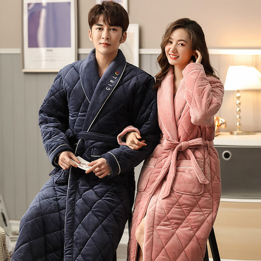Mandelefin Couple Sleeve Couple Sleeve Women's Winter Three-layer Thickened Cotton Jacket Pajamas Men's Long Fleeve Bathrobe 9848 Women's M (80-100Jin [Jin equals 0.5 kg])