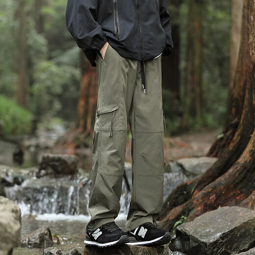 Homlean American outdoor work pants men's spring and summer loose wide-leg functional straight waterproof long trousers HT02 military green XL