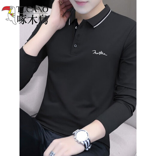 啄木鸟（TUCANO）纯棉男士长袖t恤男打底衫翻领polo 衫体恤商务男装衣服2024年新款 5010黑色 M 建议【95115斤】