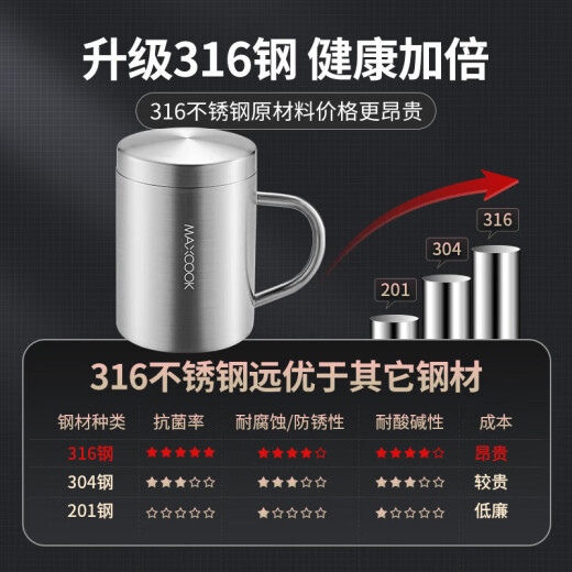 美厨（MAXCOOK）316不锈钢茶杯水杯 防烫茶水分离水杯大容量泡茶带盖家用办公室 316双层杯带盖MCB1105 320ml