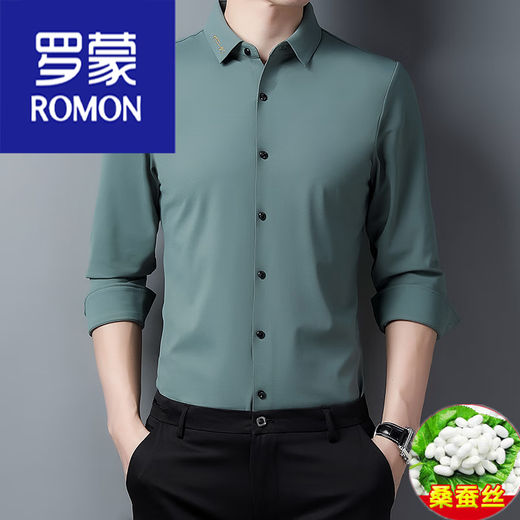 罗蒙（ROMON）男装 仿桑蚕丝衬衫男长袖免烫刺绣无痕衬衣秋季中年男士商务 黑色6221 165/80A