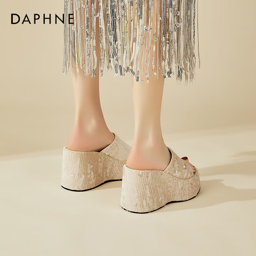 
Daphne thick-soled sequin high-heeled heeled sandals for women in summer small heightened fashion flip-flops for women apricot color 36