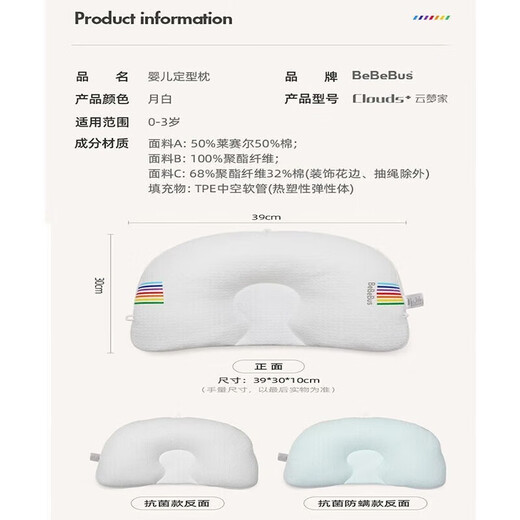 Bebebus Baby Pillow Newborn Children Correct Head Shape 0-3 Years Old Baby Styling Pillow All Seasons Anti-Mild Head Upgraded Antibacterial Model 0-3 Years Old