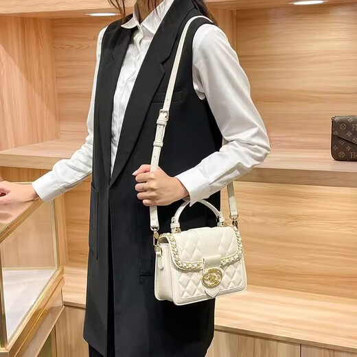 ESDS香港品牌真皮女包轻奢2025新款时尚菱格小方包百搭水晶单肩斜挎包 白色/水晶之恋（专柜礼盒套装）