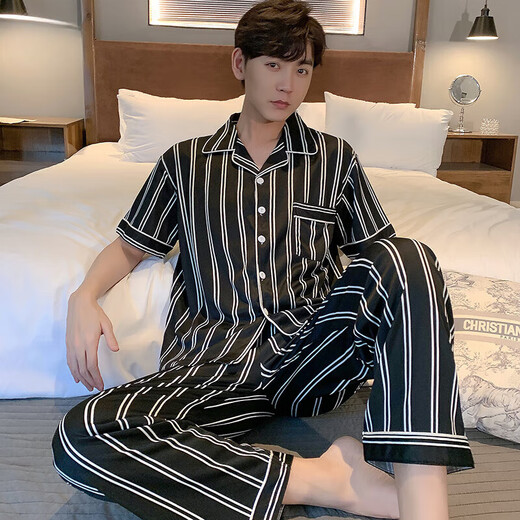 Katzenmänner Pyjamas Herren Sommer Baumwolle kurzärmelige Hosen plus Fett Plus Size 200 Jin [Jin entspricht 0,5 kg] lose und großer Männer-Hausbekleidungsanzug Herrenkurzlänge-SYY1105# 3xl (165-190 Jin [Jin gleich 0,5 kg]))