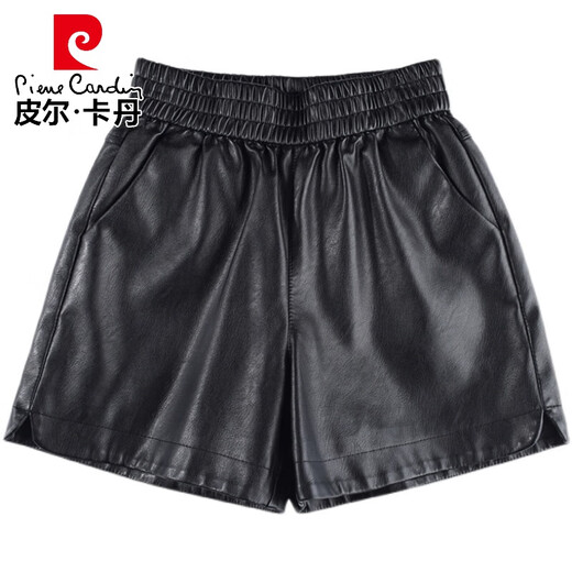 Pierre Cardin 2025 Autumn and Winter New Versatile Outerwear PU Leather Shorts for Women Fat mm Elastic Waist 200 Jin Jin equals 0.5 kg Loose and slimming wide legs 6689 black L Recommended 90-110 Jin Jin equals 0.5 kg