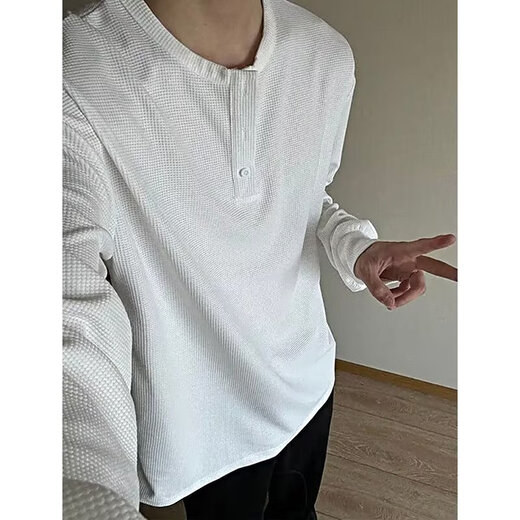 Jian Xingheng gray Henry collar long-sleeved T-shirt for men in spring and autumn American style T-shirt waffle loose casual inner layering shirt black plus velvet 1381 M 80-100Jin Jin equals 0.5 kg